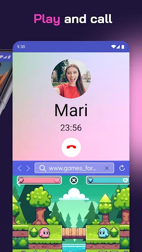 Play and call split-view showing incoming video call on top and mobile game interface on bottom window