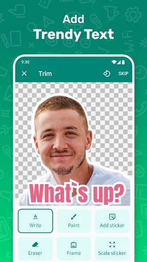 Add trendy text to stickers: photo with pink text overlay and editing tools for text, paint, and sticker customization