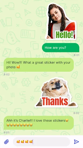 Sticker Studio messaging interface showing custom photo stickers used in chat conversations for social communication