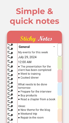 Simple & quick notes view with event tracking, weekly schedule, and bullet-point to-do lists for task management