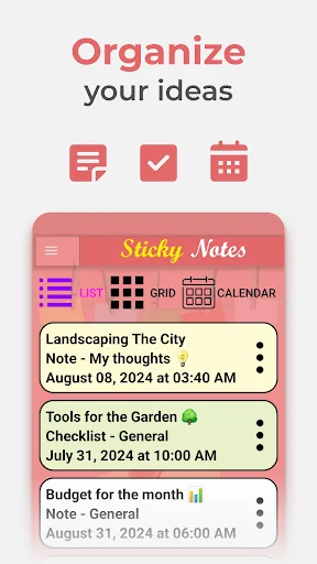 Sticky Notes organizer with list, grid, and calendar view options for managing different note types and checklists