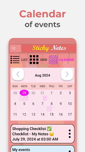 Calendar planning view in Sticky Notes displaying August 2024 events with linked note previews and date scheduling