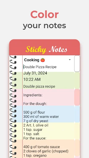 Color-coded sticky notes organizing recipe details with different colored sections for ingredients and instructions