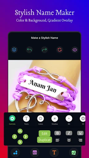 Name editing interface with color and gradient overlay customization options, displaying styled text preview on decorative background