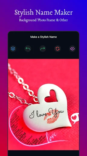 Background and photo frame editor showing romantic heart design with customizable text overlay for stylish name creation