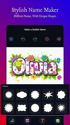 Shape and frame customization screen displaying colorful text design with decorative flower and unique shape options for styling