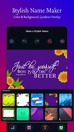 Template gallery featuring various background themes and gradient overlays for creating stylish names with different design styles