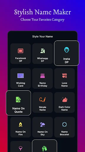 Category selection grid showing design styles for Facebook DP, Instagram DP, Birthday, Quotes, and other text art categories