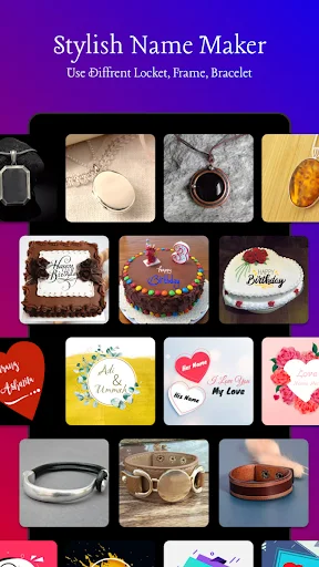 Locket, bracelet, and frame design gallery displaying customizable ornamental name jewelry and decorative frame options