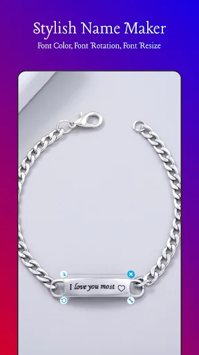 Bracelet nameplate editor with advanced font controls for color, rotation, and resizing on metallic personalized jewelry design