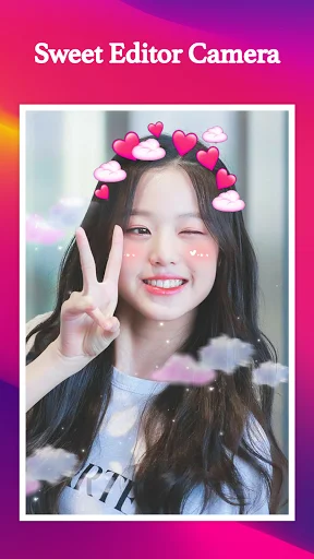 Pink heart crown selfie filter with peace hand stickers and sparkle effects