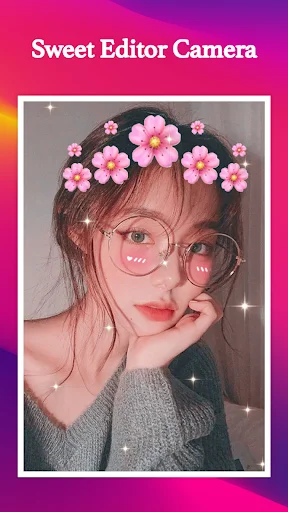 Apply cute pink flower crown filter with glasses and sparkle stickers to selfies