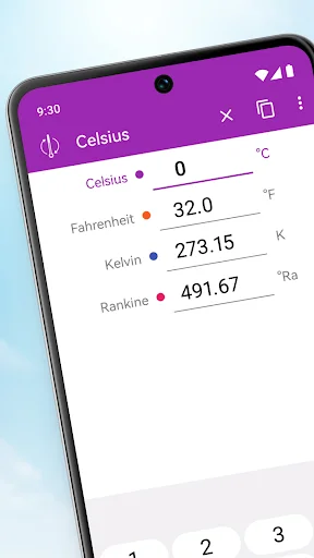Temperature Metric Converter with Celsius input showing 0°C converted to 32.0°F, 273.15K, and 491.67°Ra