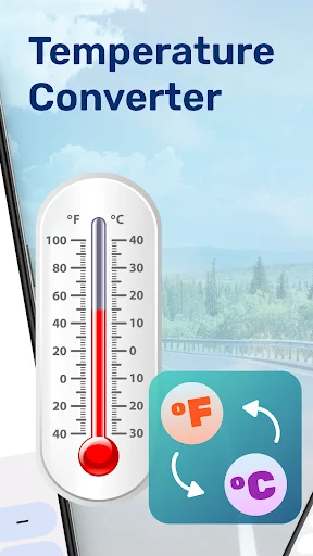 Temperature Converter app interface displaying thermometer icon with Fahrenheit and Celsius conversion arrows