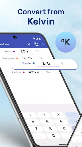 Convert from Kelvin screen displaying 273°K temperature with conversions to 2.95°C, 31.13°F, and 495.8°Ra
