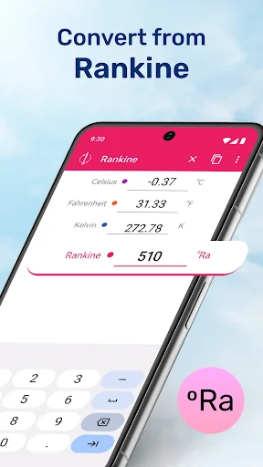 Convert from Rankine screen showing 510°Ra with converted values for Celsius, Fahrenheit, and Kelvin