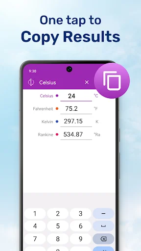 Temperature Converter copy results feature with Celsius 24°C and conversions to other temperature units