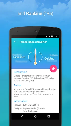 Temperature Converter app information page showing thermometer icon and app details for metric conversions