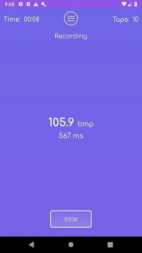 Tap Tempo recording screen displaying 105.9 BPM with 10 taps and 8 seconds elapsed time, STOP button shown