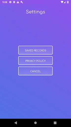 Tap Tempo settings menu with options for Saved Records, Privacy Policy, and Cancel button