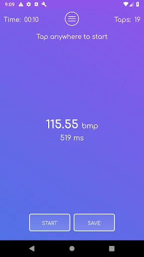 Tap Tempo counter showing 115.55 BPM after 19 taps with START and SAVE buttons, tap to begin measuring