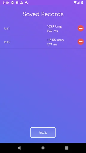 Tap Tempo Saved Records list showing bit1 at 105.9 BPM and bit2 at 115.55 BPM with delete options