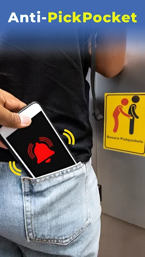 Anti-PickPocket security feature providing alert when smartphone detected in back pocket with visual theft prevention warning notification