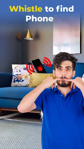 Whistle to Find Phone feature showing man whistling in living room to activate phone location using voice recognition technology