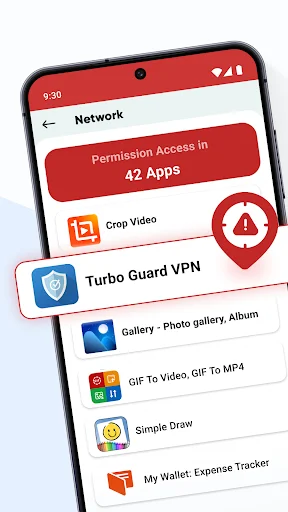 Network permissions interface showing 42 apps with tracking access, including Turbo Guard VPN and Crop Video with warning indicator