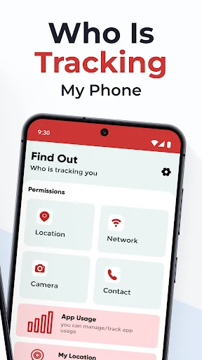 Who Is Tracking My Phone app main dashboard displaying permission categories for Location, Network, Camera, and Contact monitoring with app usage tracker