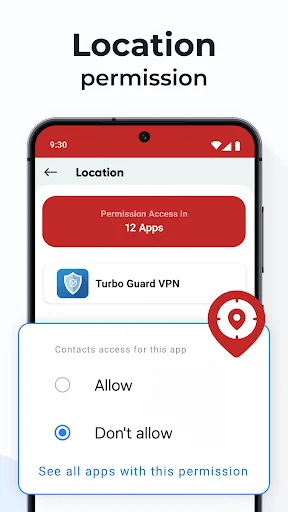 Location permission manager screen showing 12 apps with access, with Allow and Don't Allow toggle options for contacts data