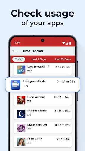 App usage time tracker showing daily usage statistics for installed apps including Lock Screen, Background Video, and Home Workout with time spent data