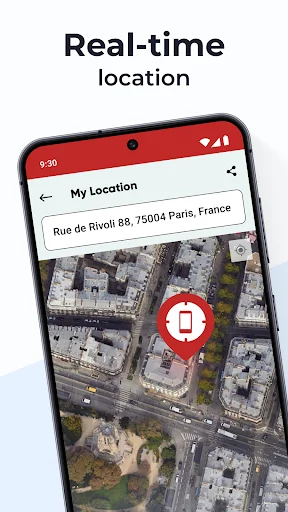 Real-time location tracking map displaying precise device location at Rue de Rivoli, 75004 Paris, France with GPS pin marker