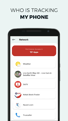 Network permissions screen listing 167 apps with network tracking access including Weather, JiuTV, Kodak Stock Trader, and Truecaller