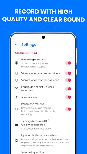 Settings menu for high-quality video recording with toggles for vibration alerts, sound, and do not disturb mode