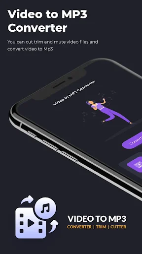 Video to MP3 Converter app promotional interface showing conversion, trim, and cutter features with animated smartphone display
