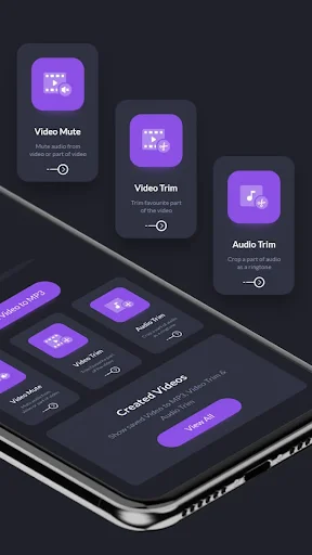 Feature cards displaying Video Mute, Video Trim, and Audio Trim editing tools with purple icons on smartphone screen