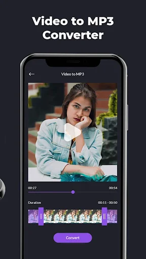 Video to MP3 conversion interface with video preview, timeline scrubber, duration selection, and purple Convert button