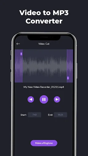 Video Cut editing screen with audio waveform visualization, playback controls, start/end time markers, and Make a Ringtone button