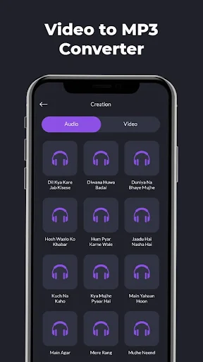 Creation screen with Audio tab displaying ringtone and notification sound options with headphone icons and labels