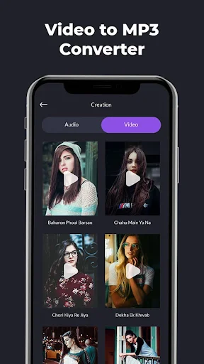 Creation screen with Video tab showing video clip thumbnails and titles for creating custom ringtones and notification tones