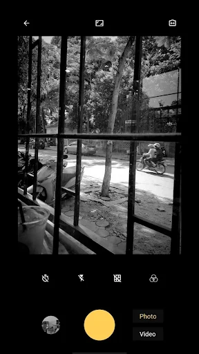 Black and white outdoor scene framed through window panes with vintage 8mm film camera effect