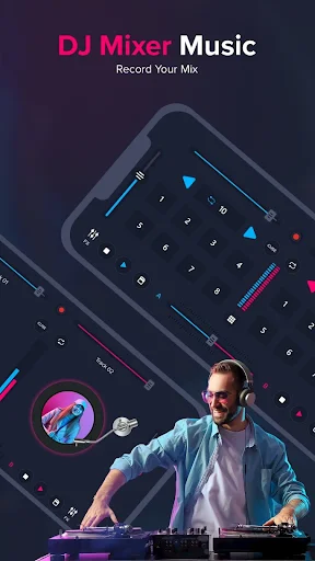 DJ Mixer Music main screen with Record Your Mix feature showcasing virtual turntables and DJ equipment interface