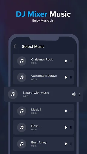 DJ Mixer Music track selection screen with playlist of songs to browse and play for music mixing and remixing