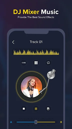 DJ Mixer Music track mixing interface showing audio waveform, sound effects controls, EQ sliders and playback controls