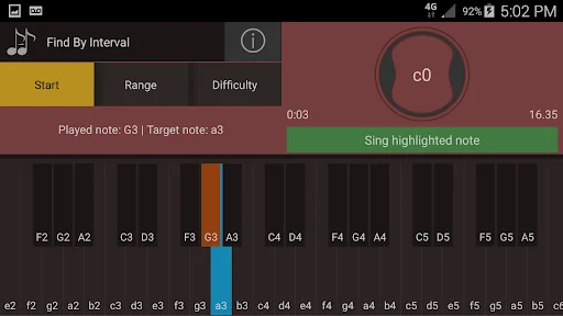 Find By Interval exercise with keyboard showing highlighted notes for learning musical intervals through singing
