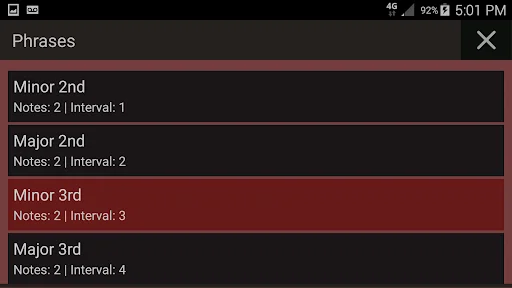 Phrases selection menu showing musical intervals including Minor 2nd, Major 2nd, Minor 3rd, and Major 3rd intervals
