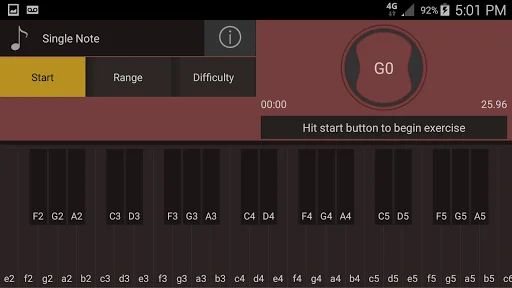 Single Note singing exercise with Start button, keyboard, G0 note target, and timing display for vocal training