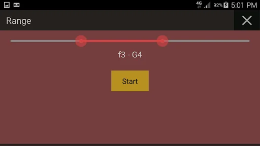 Range selector popup with adjustable slider to customize vocal range from f3 to G4 for training exercises