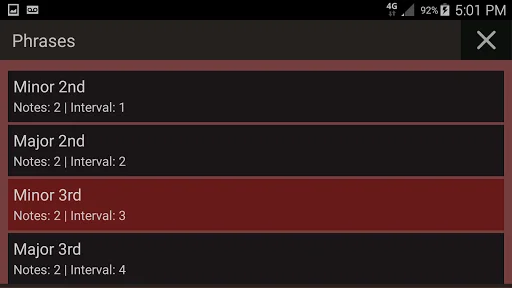 Phrases menu displaying musical intervals including Minor 2nd, Major 2nd, Minor 3rd, and Major 3rd with note counts